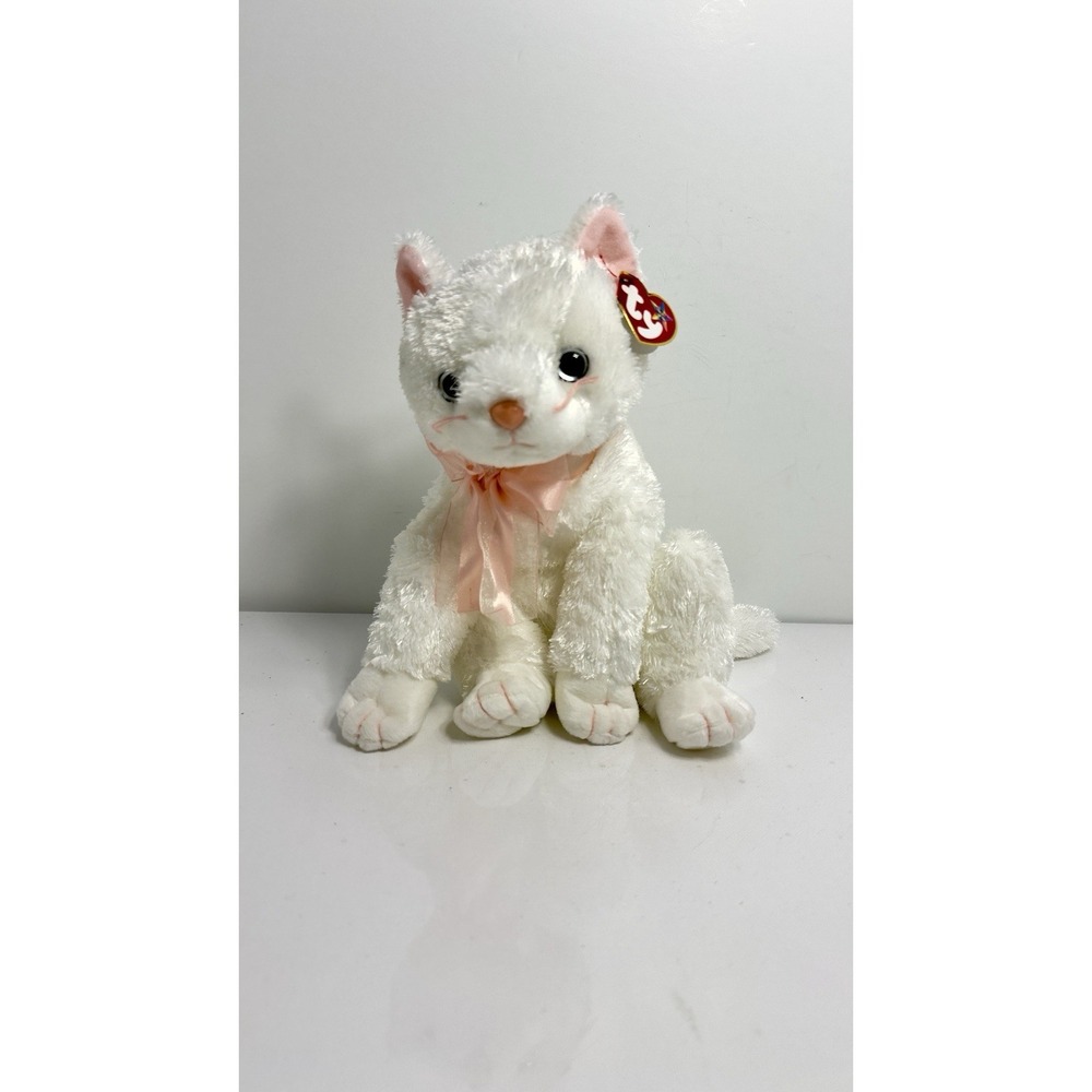 Ty Beanie Buddies "Fancy" the White Cat w/ Pink Bow Plush 2003 Ty Silk NWT New